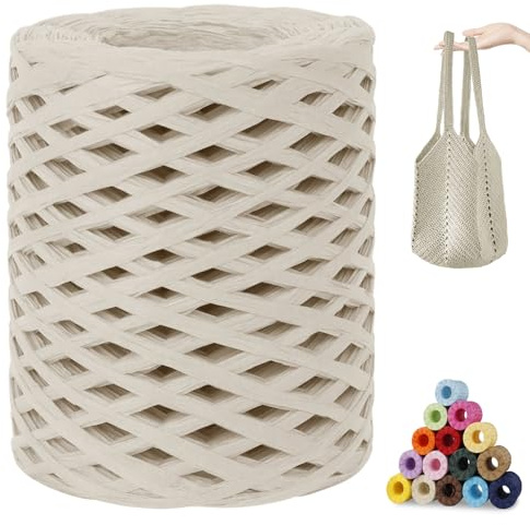 CAMAL Raffia Garn zum Häkeln, Papierdraht Bastband zum Basteln 3mm x 200m Raffia Bast Bunt Papiergarn zum Häkeln Von Taschen, Strandmütze, DIY Handarbeiten (Elfenbeinweiß)