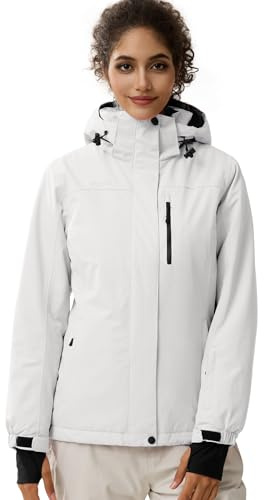 FREE SOLDIER Giacca Impermeabile da Ski/Neve Donna, Foderata in Pile, Calda per l'Inverno con Cappuccio e Cuciture Completamente Sigillate Bianco, L