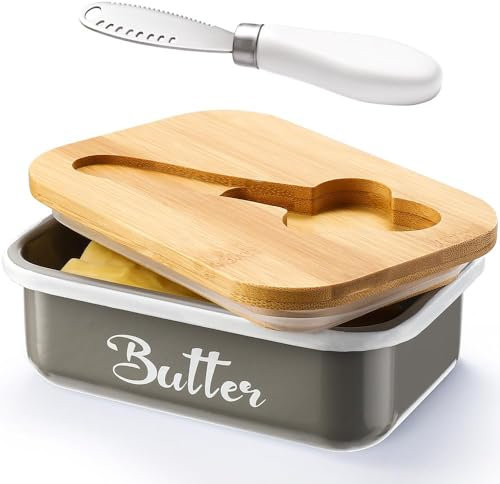 Mantequillera de acero inoxidable con tapa y cuchillo, recipiente hermético a prueba de óxido para untar y queso (gris, pequeño)