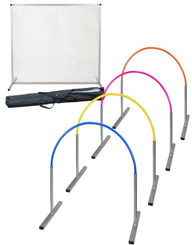 SPORTIKEL24 Hoopers Anfänger-Set Alu – 4 Hoops & Gate – Aluminium-Basis mit bunten Bögen (Blau, Gelb, Pink, Orange) – VDH-konform & UV-beständig – Profi-Set für Agility-Einsteiger