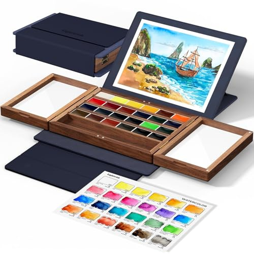 LIGHTWISH Set de Acuarelas 24 Colores Profesionales, Paleta de Madera de Nuez, Estuche de Viaje Portátil con Ángulo Ajustable - Ideal para Artistas, Principiantes y Aficionados