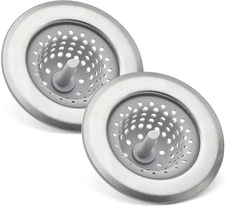 Amazon Basics Kitchen Sink Strainer and Sink Plug Filter, Stainless Steel and Silicone, Anti-Clog, Dishwasher Safe, Rust Resistant, Grey, 2-Pack