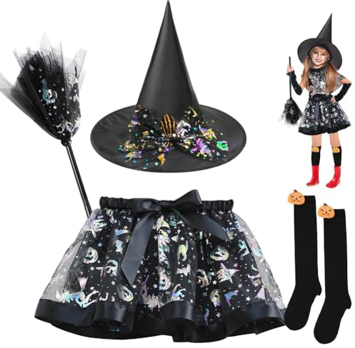 Witch Costume Accessories, Halloween Fancy Dress Costume with Witch Hat, TuTu Skirt High Socks and Broom Witchs Cosplay Outfit Accessories for Kids Halloween Carnival Party Dress up Cosplay (Black)