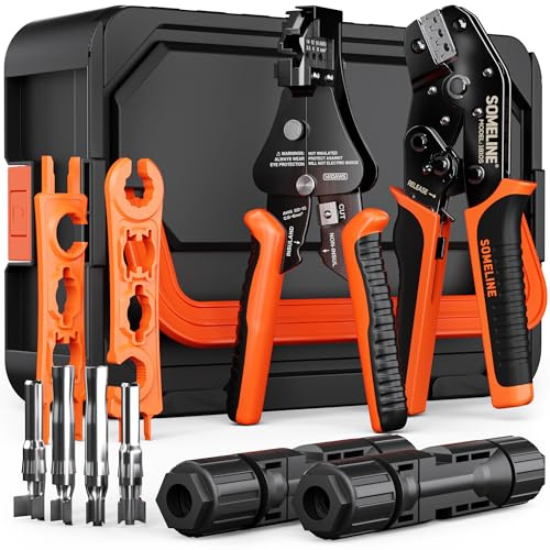 SOMELINE Solar Crimpzange Set für 2,5/4/6 mm² PV Kabel – 15 Paar Solar Stecker, Automatische Abisolierzange und PV Montageschlüssel, Solar Werkzeug Set