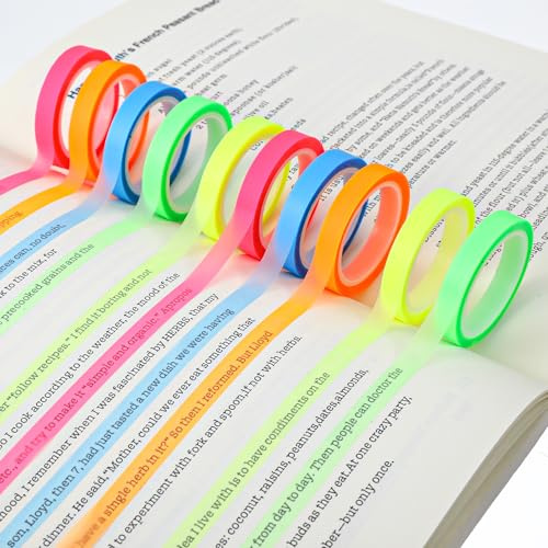 Guduling 10 rullar highlighter, avtagbar överstrykningstejp, 3,5 x 0,6 x 0,6 cm färgade fluorescerande anteckningar, långa höjdremsor för studenter, lärare, läsning, hem, kontor