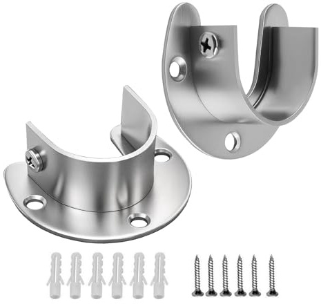 2 Pcs 32 mm Stainless Steel Wardrobe Rail Brackets, U-Shaped Sockets | Heavy-Duty Flange Rod Holders with Screws for Closet Pole Support