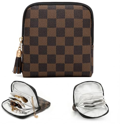 Travel Jewellery Organiser, Jewellery Case with Zipper and Velvet Lining, Compact Jewelry Pouch, Mini Travel Jewellery Bag for Rings, Necklaces, Bracelets & Earrings, Compact Jewelry Pouch, Brown