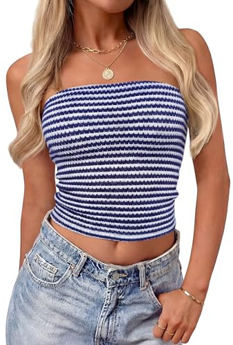 ZESICA Women's Striped Strapless Crop Tube Tops 2026 Summer Backless Knit Bandeau Shirts Going Out Tank Top Fashion Outfits Blue Small