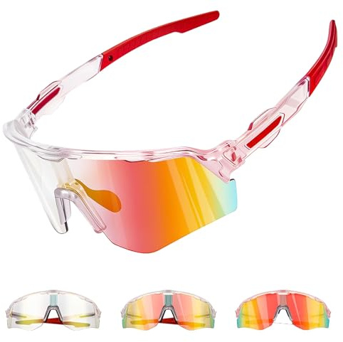 Winyoher Selbsttönende Fahrradbrille für Herren Damen -Photochromic Sportbrille UV400 Schutz Sonnenbrille für Radfahren MTB Laufen & Outdoor-Sport Wandern Angeln- Rot