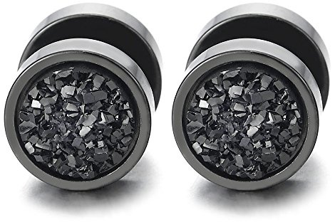 Men's Black Stainless Steel Faux Gauge Stud Earrings, Round Cheater Plugs with Druzy Stone Inlay, Punk Rocker Jewelry