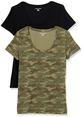 Amazon Essentials dam klassisk passform kortärmad rund hals t-shirt (finns i plusstorlek), 2-pack, svart/grön kamouflage, X-Large