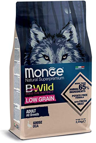 Monge BWILD Adult Goose, Comida para Perros para Todas Las Razas (alimento seco para Perros con Carne de Ganso, Comida Seca para Perros con Poco Cereal, Muy Rica en Fibra y vitaminas, Contenido: 12