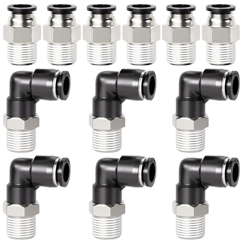TAILONZ PNEUMATIC Elbow and Straight Combination 1/4 Inch Tube OD x 1/4 Inch NPT Thread Push to Connect Fittings PC-1/4-N2+PL-1/4-N2(Pack of 12)