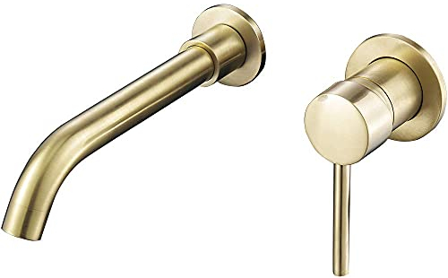 VALAZ Rubinetto Bagno Lavabo a Muro Dorato Spazzolato Protezione PVD | Miscelatore Lavabo Bagno Acqua Fredda e Calda | Installazione Facile | Ottone, Inossidabile, Serie Guadiana