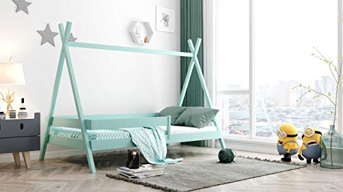 WFL GROUP Tipi Hausbett Kinderbett Massivholz Türkis 90x200 cm – Montessori Bett mit Rausfallschutz – Einzelbett für Jungen und Mädchen – Kleinkinder Bett aus Kiefer Natur