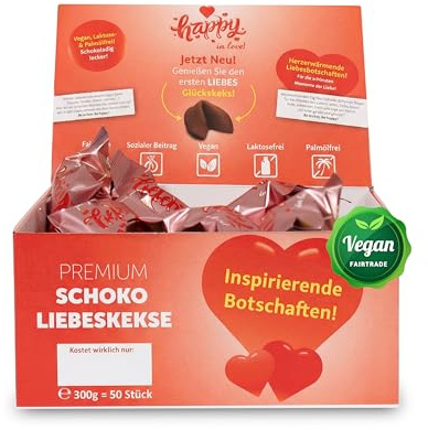 HappyKeks® Schokoglückskekse (50er Box) - Vegane, laktosefreie Liebesbotschaften-Kekse - Perfektes romantisches Geschenk für Paare & Partner - Valentinstagsgeschenk - Made in Germany