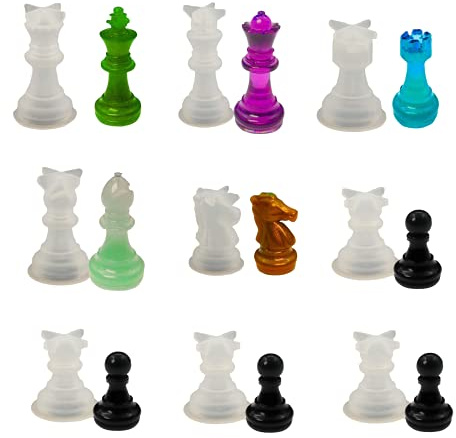HOINCO 9 Pcs Scacchi Resina Mold, 3D Silicone Scacchi Resina Mold. | Set pezzi di scacchi stampi in silicone per artigianato fai da te, giochi da tavolo di festa di famiglia.