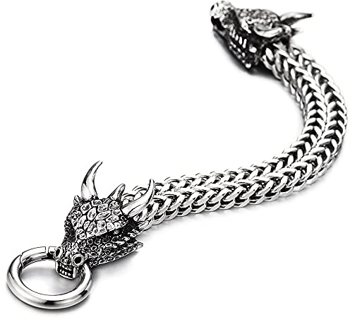 COOLSTEELANDBEYOND Herren Quadrat Franco Kette Panzerkette Armband aus Edelstahl Drachen Kopf mit Schuppe Spitzte Horn, Federringverschluss