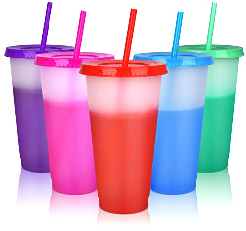 NUZEKY Cold Drink Cups with Lids & Straws for Iced Coffee,Party -Colour Changing, 5 Pack Reusable Bulk Plastic Cute Tumblers for Adults - 24oz