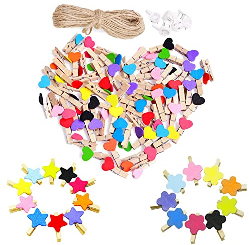Monsully 150 Pcs Mini Coeur Pince à Linge en Bois, Coeur Forme Photo Papier Chevilles Multicolores Clip de Photos DIY Clip avec Clous non Marquants et Cordon de Jute 10M, pour Photos Loisirs Créatifs