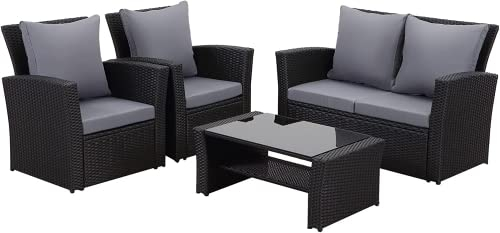 MeXo Balkonmöbel Set 4 Personen Kleiner Balkon, wetterfest pflegeleicht, Belastbarkeit pro Sitzplatz bis zur 140kg, Lounge Rattan Outdoor Schwarz
