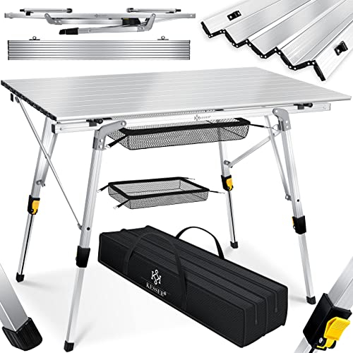 KESSER® Campingtisch faltbar Klapptisch mit Aluminiumrahmen Aufrollbare Tischplatte Falttisch klappbar Höhenverstellung 90 x 53cm - bis 30 kg inkl. Tragetasche mit Trageband & Netztasche, Silber