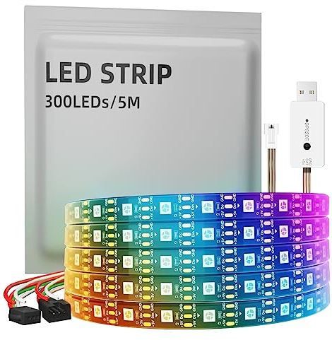 WS2812B Tira LED, Direccionable Individualmente 5050 SMD 256 RGBIC Tira LED para Diseño DIY y Decoración del Hogar(Negro, 300LEDs/5M)