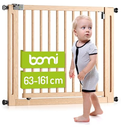 BOMI Variables Schutzgitter Miko PEFC geprüftes Buchenholz | Ohne Bohren | 90° Stop |Kindergitter Holz-Türschutzgitter schwarz ohne Bohren | Schließen des Türgitters | Breite: 115-123 cm