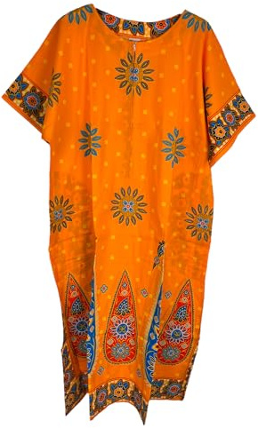 Kiran Fashion Robe caftan longue d'été pour femme 100 % coton imprimé ethnique couverture de plage taille unique, Orange, taille unique