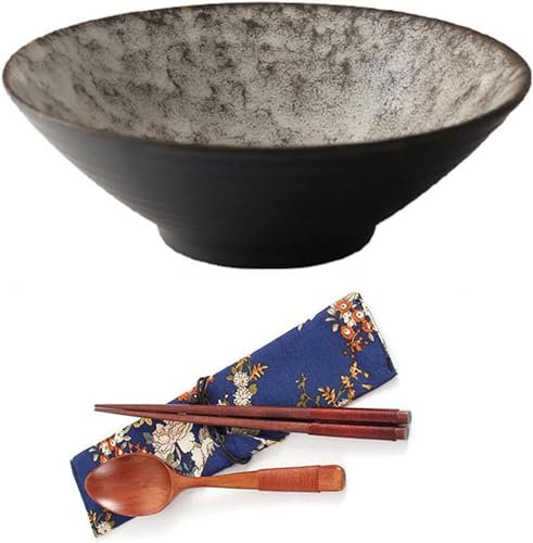 Vnook Tableware Ceramic Ramen Bowl With Spoons Chopsticks Kit - Japanese Noodles Bowls Dinner Sets For Pasta Soup Pho Mixing Salad Dishes[Energy Class A] (Color : Grey, Size : 8in)