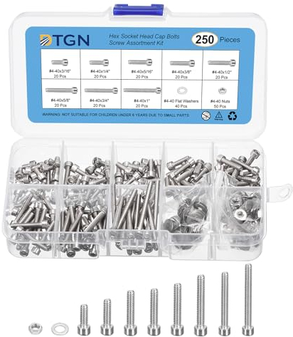 DTGN 250Pcs Bolts and Nuts Kit, #4-40 Screw Assortment, 304 Stainless Steel #4-40x3/16,1/4,5/16,3/8,1/2,5/8,3/4,1 Hex Socket Head Cap Screws Bolt Set with Washer