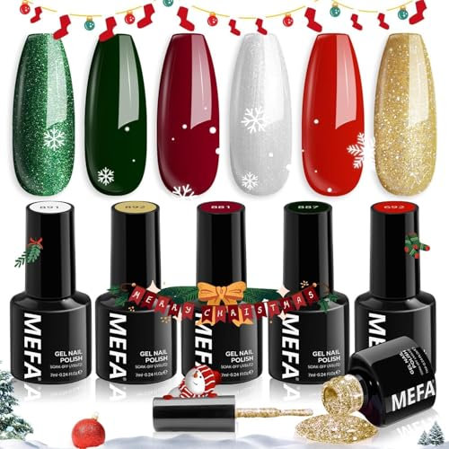 MEFA Vernis Semi Permanent, Vernis Gel UV 6 Couleurs Rouge Vert Sapin Pailleté Noel Kit Gel Ongle French Manucure Nail Art Ongles Gel Soak Off UV/LED Gel Polish pour Starter Salon DIY Home