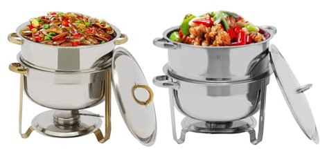 Food Warmer Tray Hot Pot Soup Chafer with Lid 14Qt Stainless Steel Round Chafing Dish Set Round Corners/Thickened Crimping Easy Cleaning for Celebrations Parties Catering Buffets (Silver)