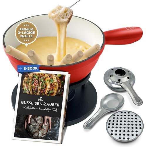 Ottia Fondue Set für 2, 3, 4, 5, 6 Personen aus Gusseisen & Emaille. Als Käsefondue, Fleischfondue, Schokofondue. Induktion geeignet, Schadstofffrei, mit Brenner+Gabeln+Rezeptbuch, Fondü-Set aus HH