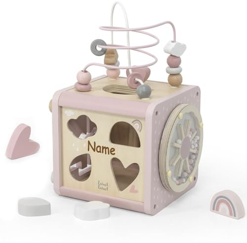 Elefantasie Motorikwürfel aus Holz Aktivitätswürfel für Babys, Motorikschleife personalisierbar mit Namen, ab 18 Monaten (Rosa)