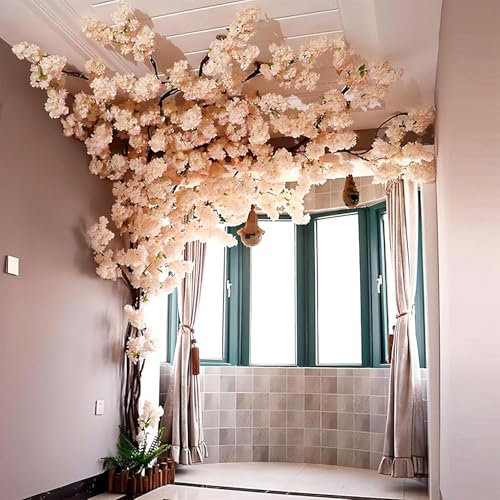 HJDSUDU Vides de Flores de Cerezo Artificiales, árbol de Sakura Falso de 13 pies, Planta de Seda sintética de simulación Hecha a Mano, con Valla Blanca y 24 Flores de Cerezo Completas