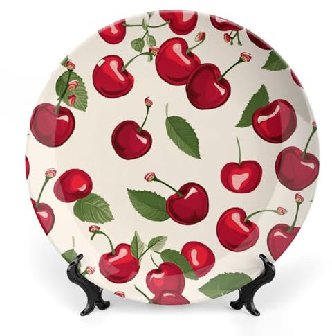 TKJMCSW Assiette décorative en porcelaine anglaise motif cerise rouge assiettes décoratives en porcelaine assiettes décoratives pour présentation assiette décorative en céramique avec support vertical
