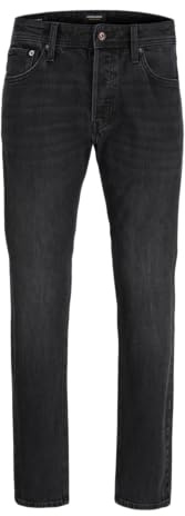 JACK & JONES jeans herr stretch – Tapered jeans herr av stonewashed denim med knapprad, Mid Rise midjeband, 5-ficka, bekväma byxor i blått och svart för vardag och fritid, Svart denim, 32W / 32L