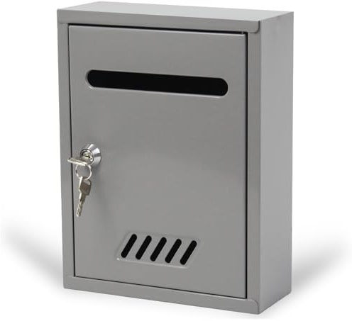 Small Locking Mailbox Wall Mount for Outside, Powder-Coated Metal Mail Box with Lock & 2 Keys, Secure Compact Outdoor Wall Mounted Mailbox for Letters, Bills and Envelopes (Gray)