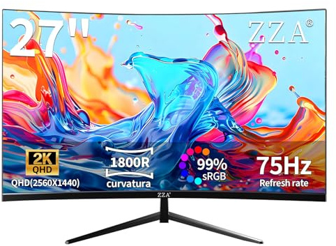 ZZA 27 Inch Curved Gaming Monitor-2K QHD (2560x1440) 75Hz Display,HDMI/DP USB Connectivity,Tilt Adjustable,Wall Mountable,Perfect for PC Gaming Office