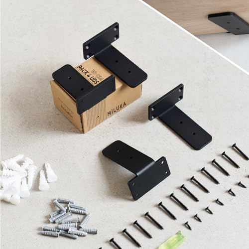 MILUKA Lot de 4 equerre etagere murale 10 cm en L, acier renforcé | Support tablettes murale, structure acier résistant noir, charge jusqu'à 70 kg, Design industriel noir, fixation invisible