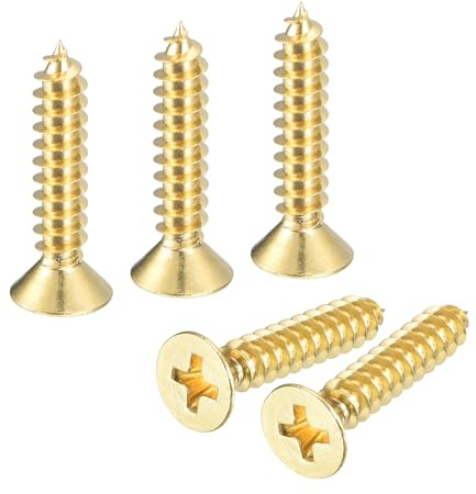 sourcing map Lot de 10 vis à bois en laiton - M5 x 25 mm - Vis autotaraudeuses à tête plate Phillips pour charnières de porte, meubles en bois, appareils ménagers