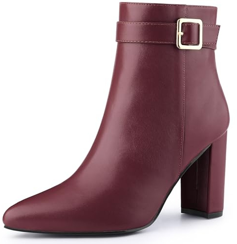 Allegra K Women's Pointed Toe Buckle Decor Heel Ankle Booties Burgundy 5 UK/Label Size 7 US