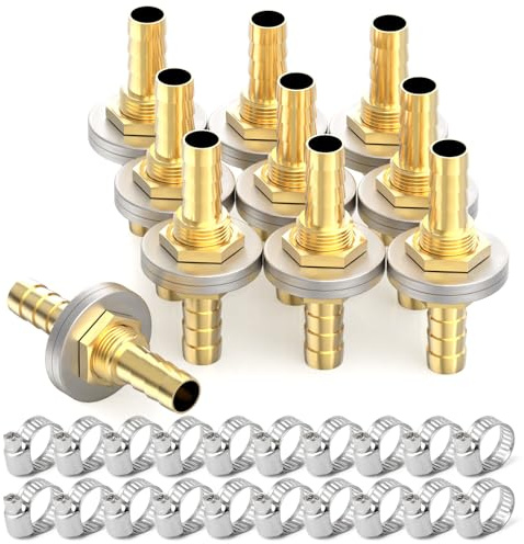 GASHER 10PCS Brass Hose Barb Thru-Bulk Bulkhead Fitting 12mm to 12mm Barb Hose, Straight Hex Union Fitting with 20PCS Hose Clamp