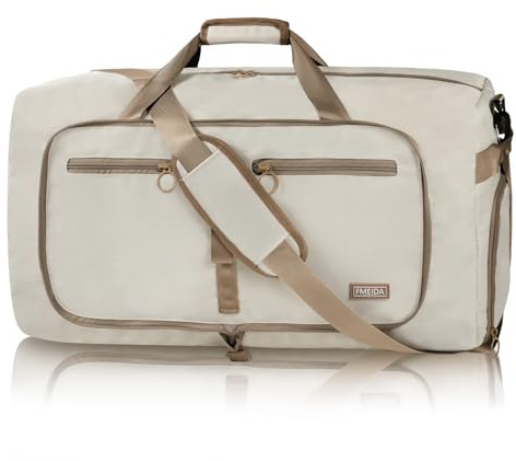 Fmeida 65L Duffle Bag with Shoes Compartment, Foldable Travel Duffel Bags for Men Women, Large Packable Travel Bag Water Repellent & Tear Resistant (Beige)