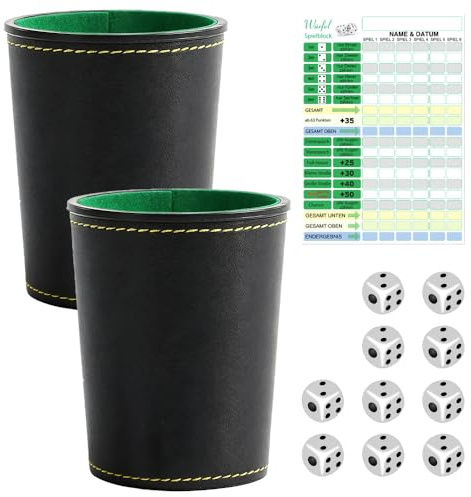 TGKYK Würfelbecher Leder, 2 Stück Würfelbecher Set mit 10 Würfel + 2 Spielblätter, Kniffel Spiel, Schocken Set, Kniffel Reiseset für Familienfeiern, Reisen und Partys