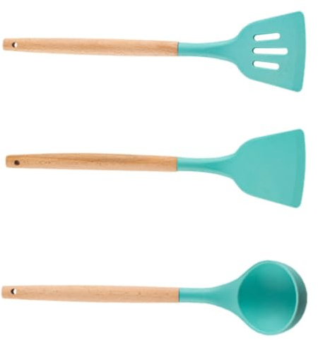 VALICLUD Set de Utensilios de Cocina de Silicona y Madera para Saltear, Fácil de Limpiar, Incluye Cuchara y Espátula, Adecuado para Cocina Diaria