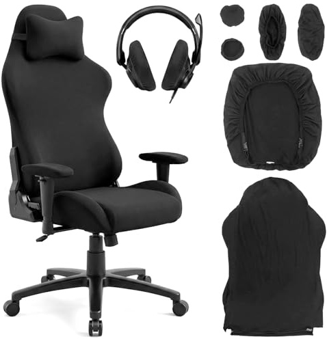 QWORK® 6 Piezas Funda Silla Gaming, Protector Elástico y Transpirable con Fundas para Reposabrazos y Auriculares para Gamers, Oficina y Teletrabajo, Negro