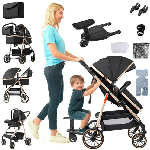 Magic ZC 3 in 1 Pushchair Pram Baby Stroller, Travel System with Reversible Two Pushing Modes, Newborn Infant Buggy One-Click Folding, Toddler Carriage Aluminium Frame (FV8 Black Gold)