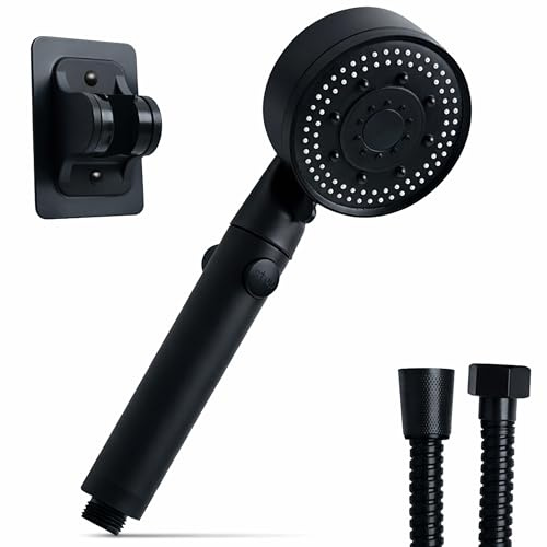Soffione Doccia Alta Pressione a 5 getti, con Tubo 150 cm, Supporto Adesivo e Pulsante Stop - Attacco Universale G1/2 Anticalcare